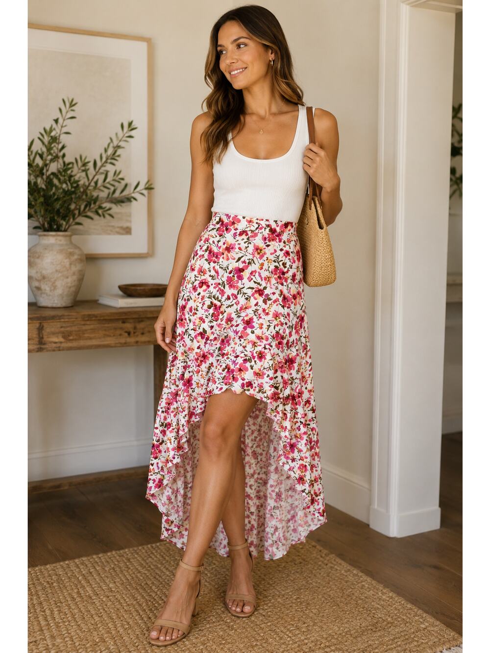 Cellecci Floral Ruffle High-Low Cotton Midi Skirt Pink & White - Small Boho